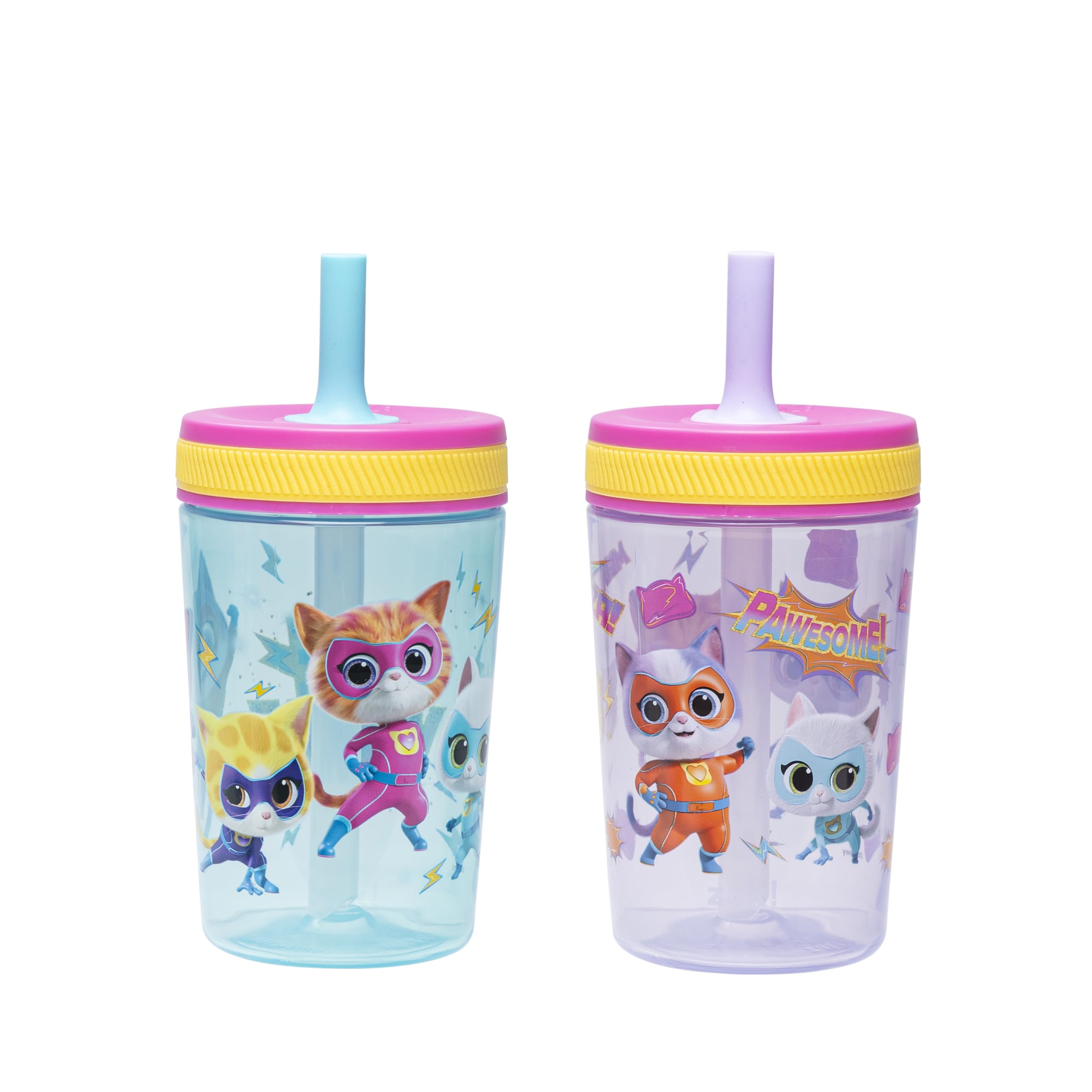 Zak Designs Disney SuperKitties Kelso tumbler front view showing two-pack set and kid-friendly design