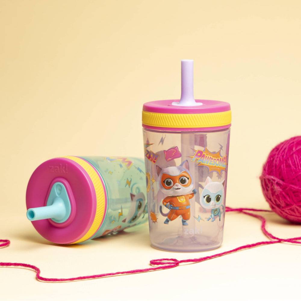 Zak Designs Disney SuperKitties Kelso tumbler with silicone straw close-up