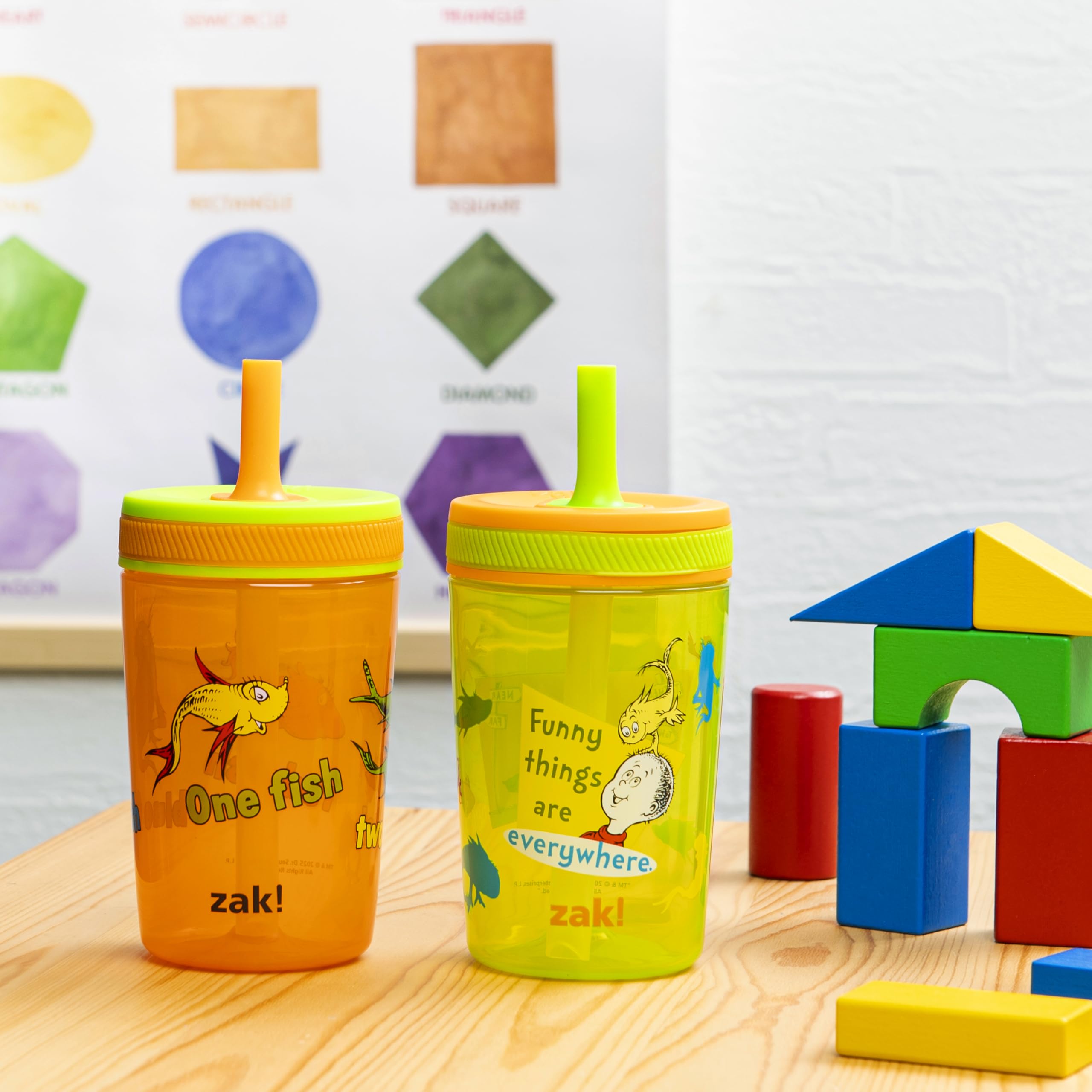 Zak Designs Dr. Seuss Kelso cups leak-proof silicone straw close-up.