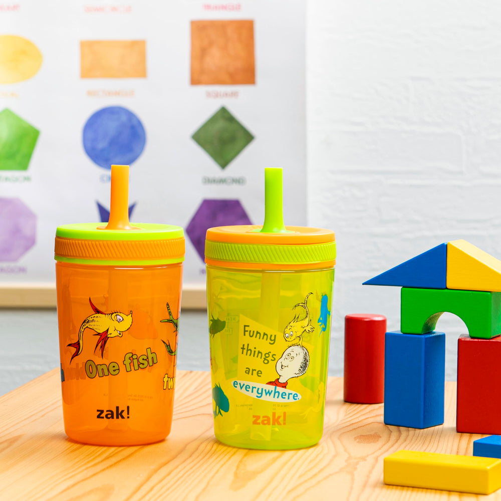 Zak Designs Dr. Seuss Kelso cups leak-proof silicone straw close-up.