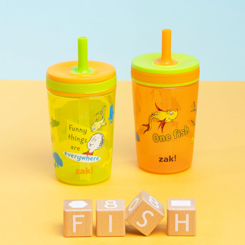 Zak Designs Dr. Seuss Kelso cups side view showing leak-proof design.