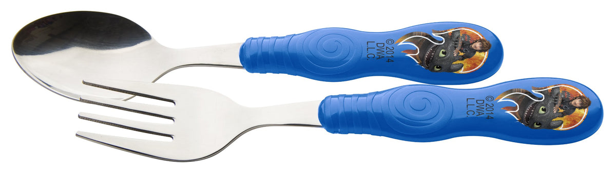 Zak Designs Dragon 2 Easy Grip flatware with curved handle aids kids' grip during meals