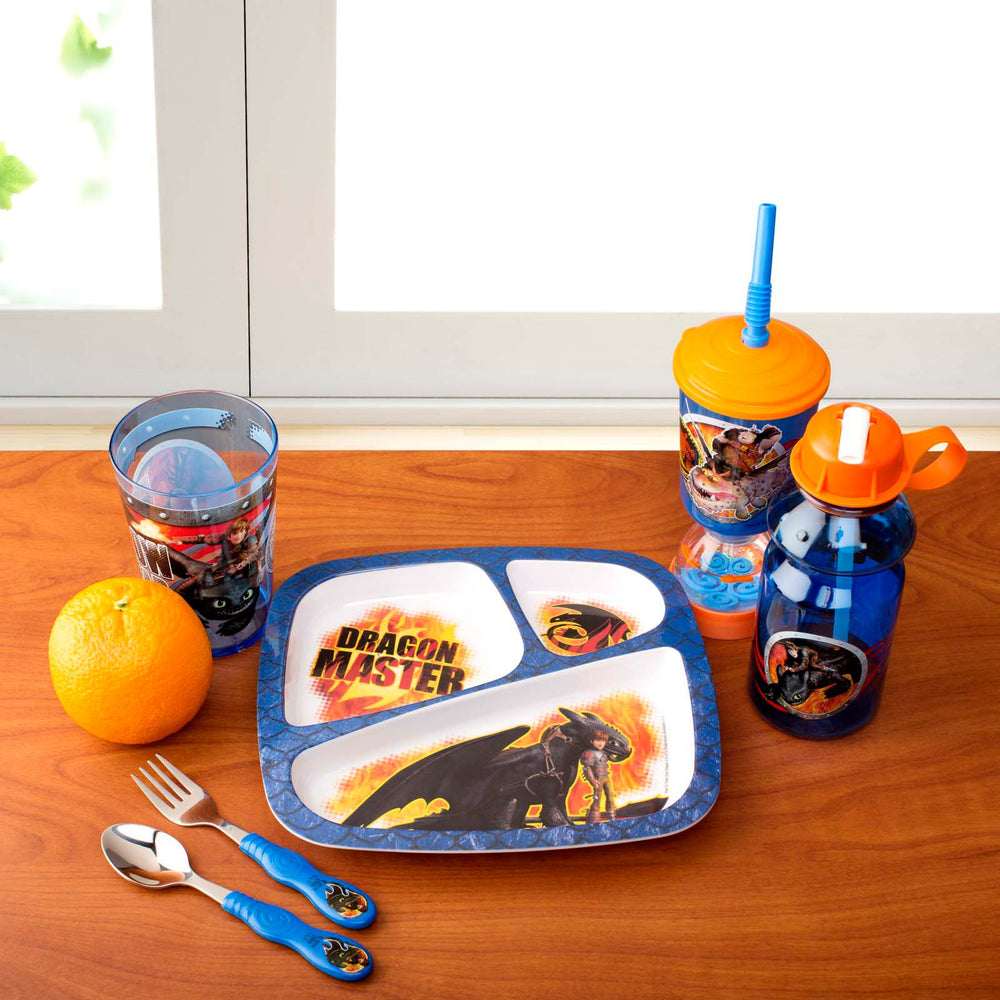 Zak Designs Dragon 2 Easy Grip flatware set shown dishwasher-safe for quick after-meal cleanup