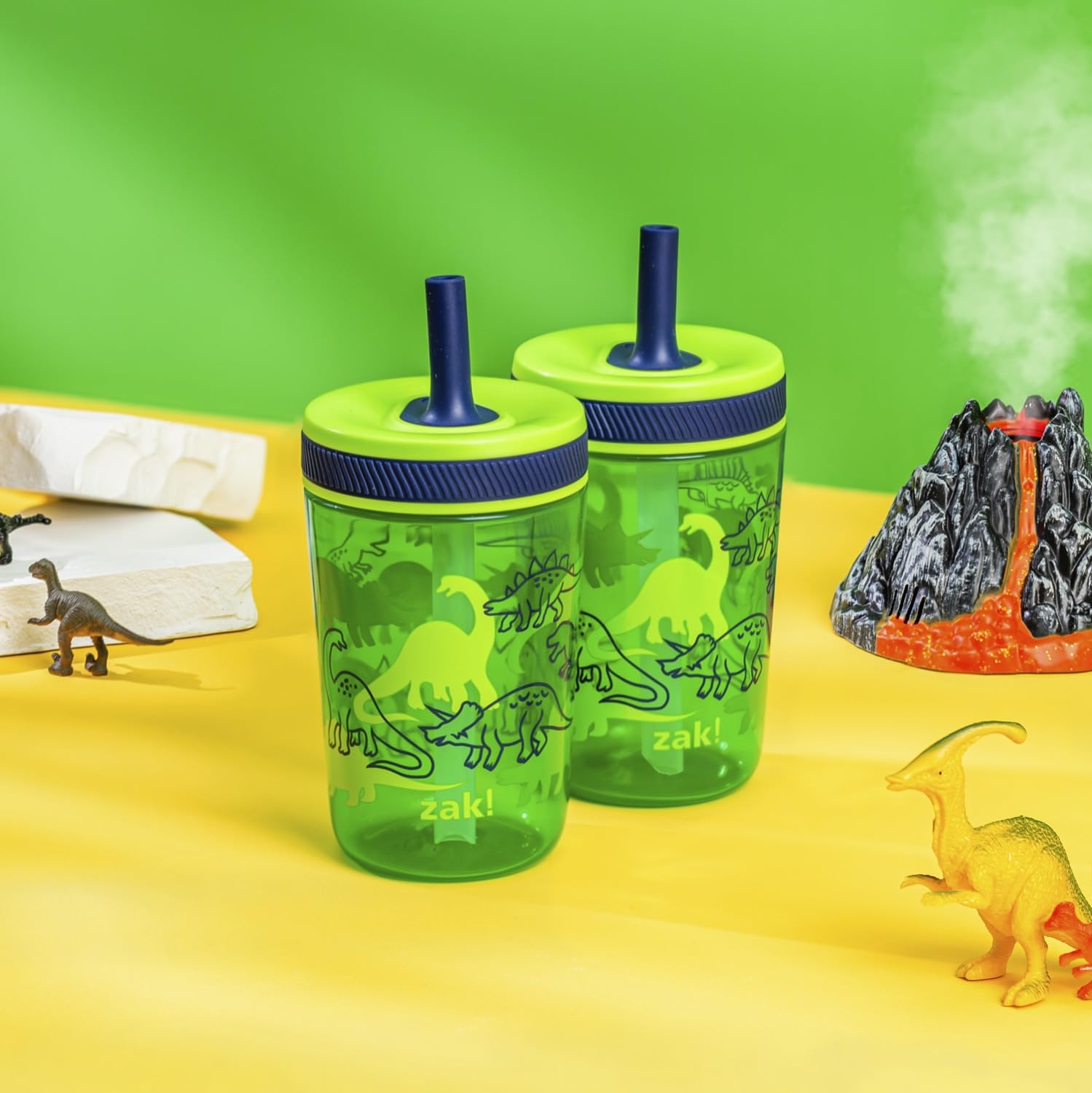 Kelso Dino Camo tumbler from Zak Designs with silicone straw, ideal for school hydration.