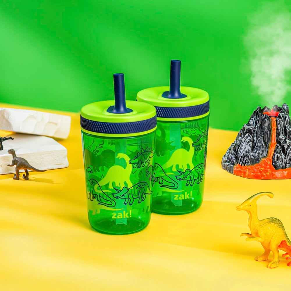 Kelso Dino Camo tumbler from Zak Designs with silicone straw, ideal for school hydration.