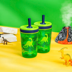 Kelso Dino Camo tumbler from Zak Designs with silicone straw, ideal for school hydration.