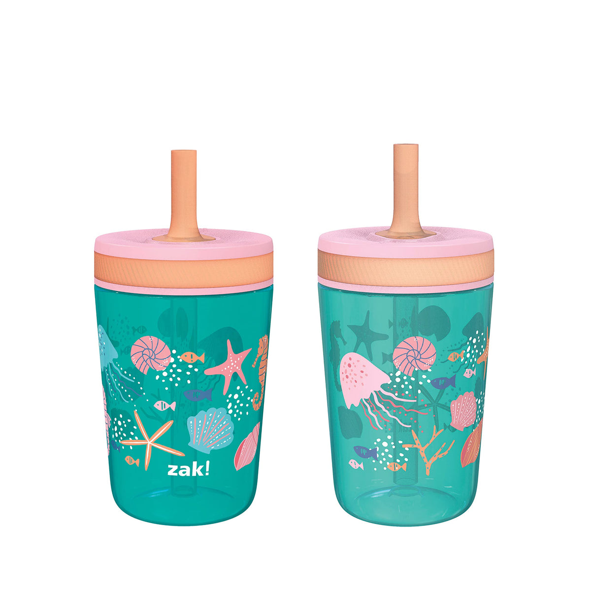 Zak Designs Kelso 15 oz tumbler set with shell pattern and leak-proof lid for kids.