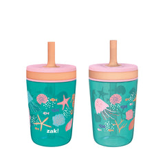 Zak Designs Kelso 15 oz tumbler set with shell pattern and leak-proof lid for kids.