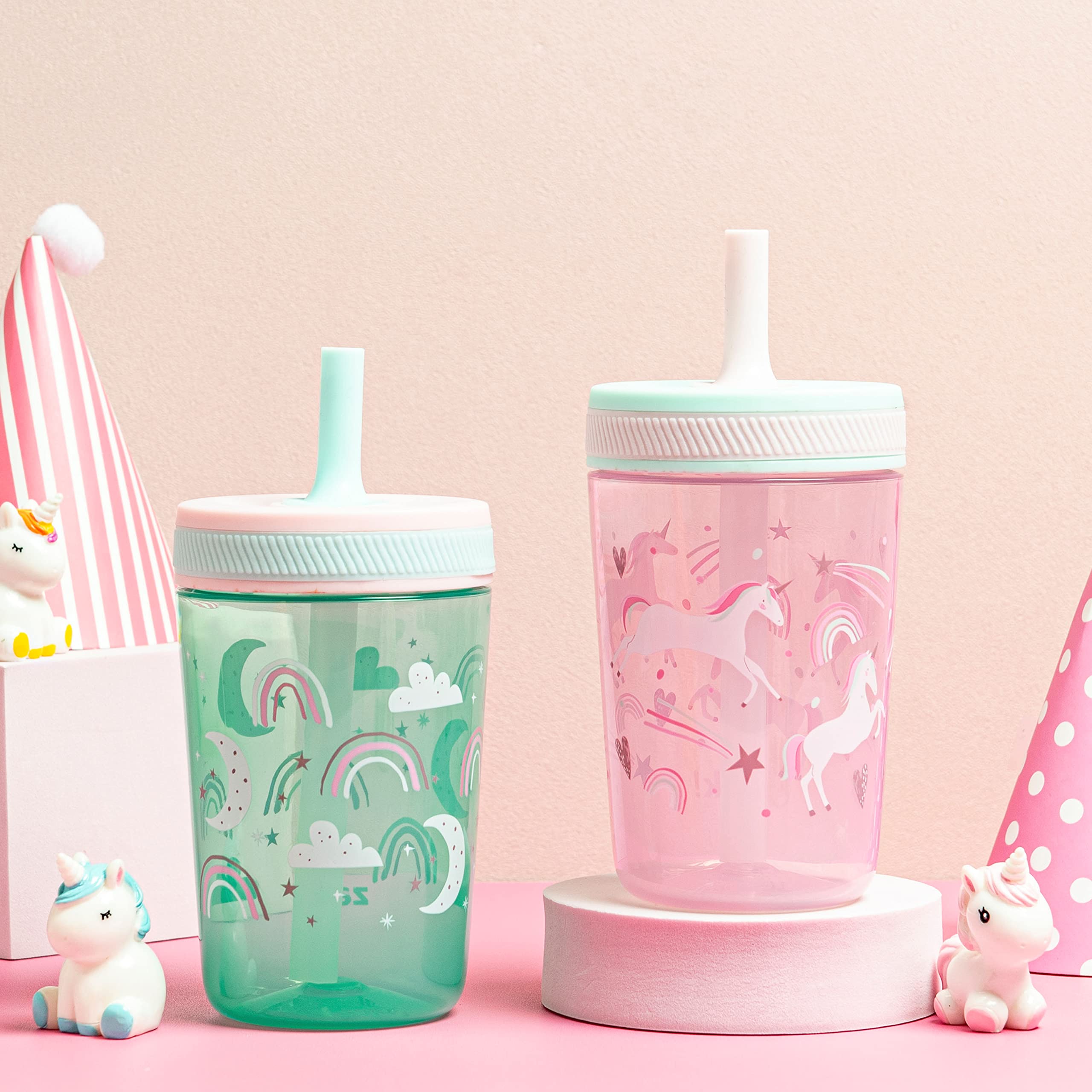 Zak Designs Kelso happy-skies cup in a car-ready, mess-free sipping setup.