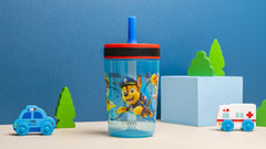 Close-up of screw-on lid and silicone straw on Zak Designs Kelso tumbler for leak-proof use.