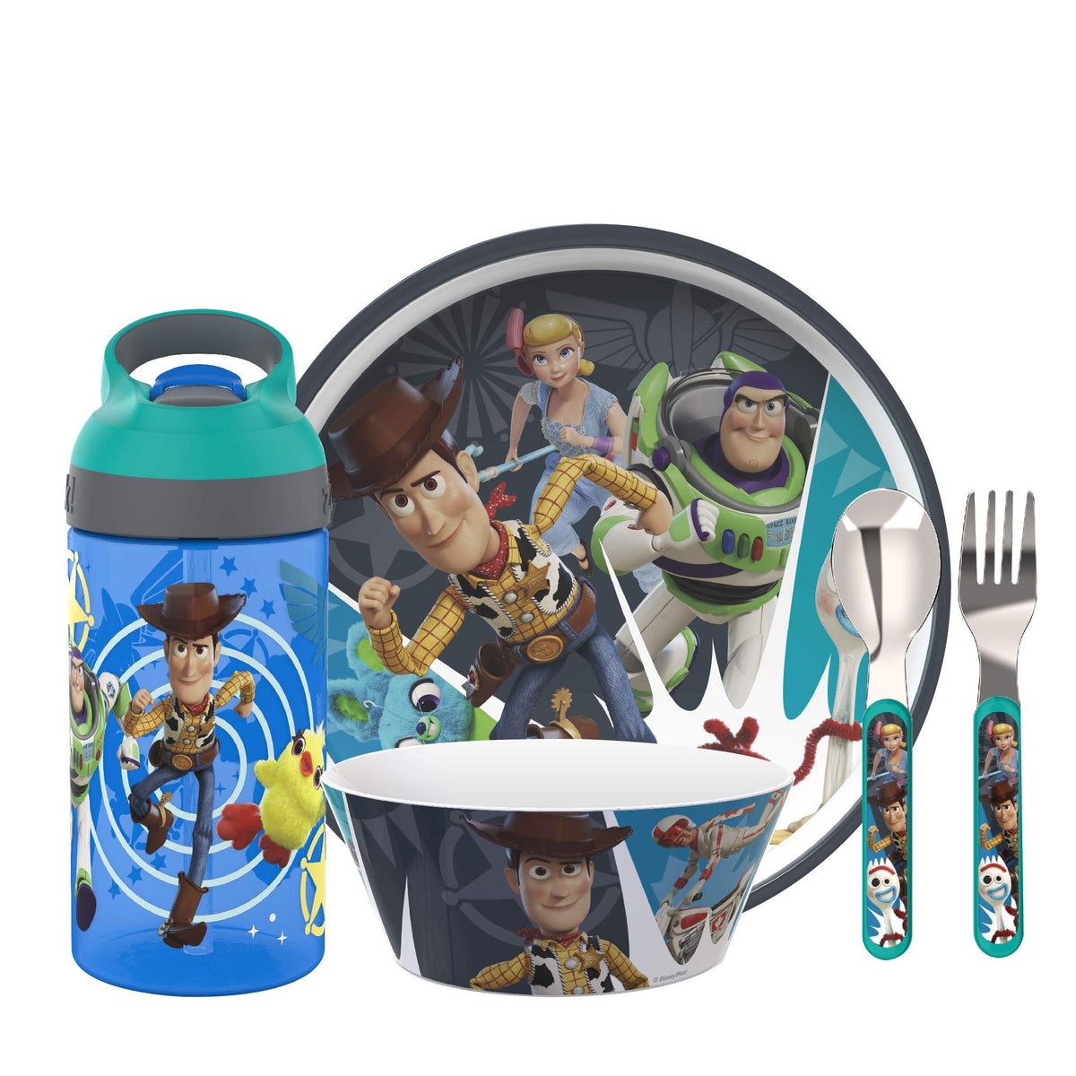 Zak Designs Toy Story 4 water bottle with straw, easy hydration for kids on busy days.