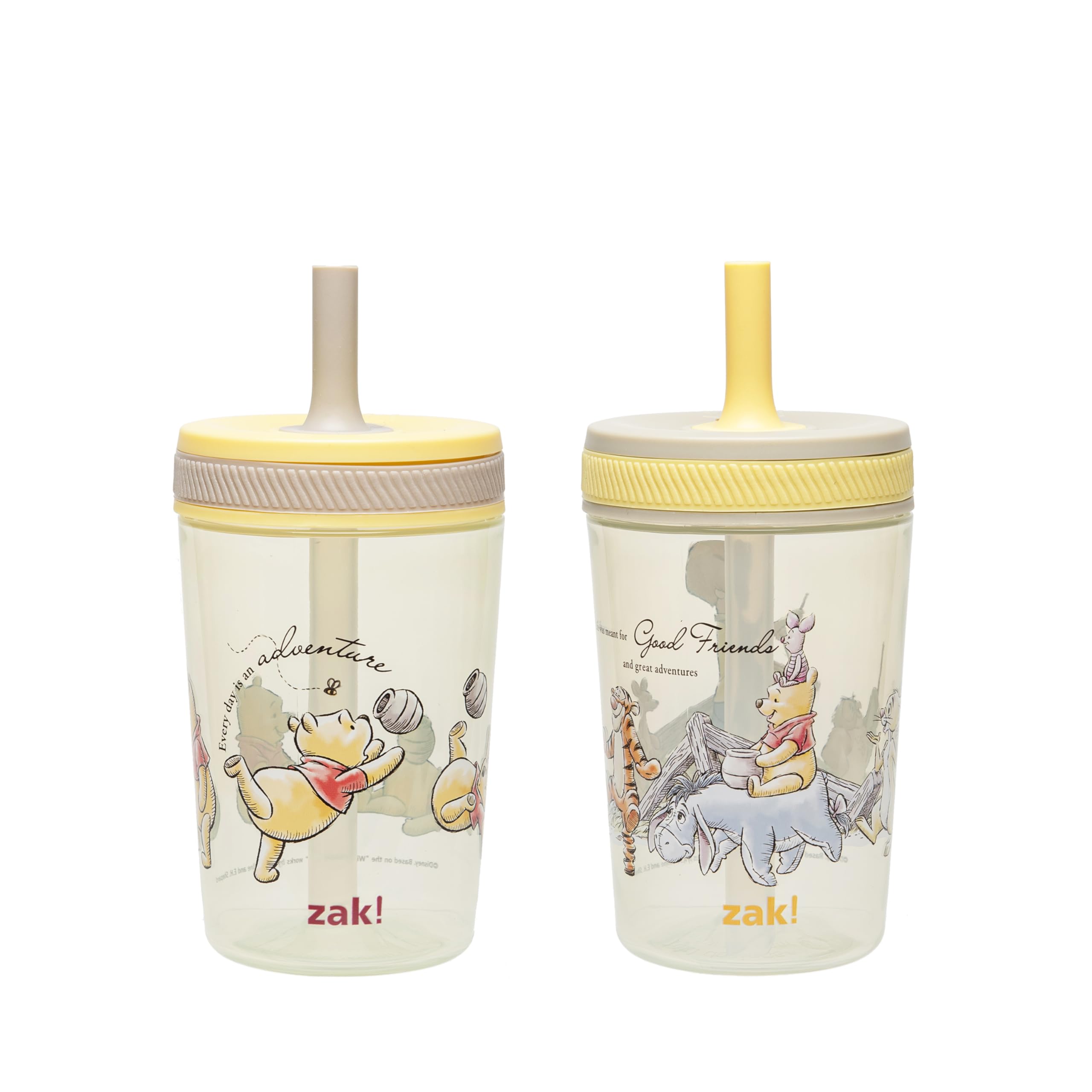 Zak Designs Winnie the Pooh Kelso cups in travel setup for mess-free sipping.