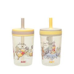 Zak Designs Winnie the Pooh Kelso cups in travel setup for mess-free sipping.