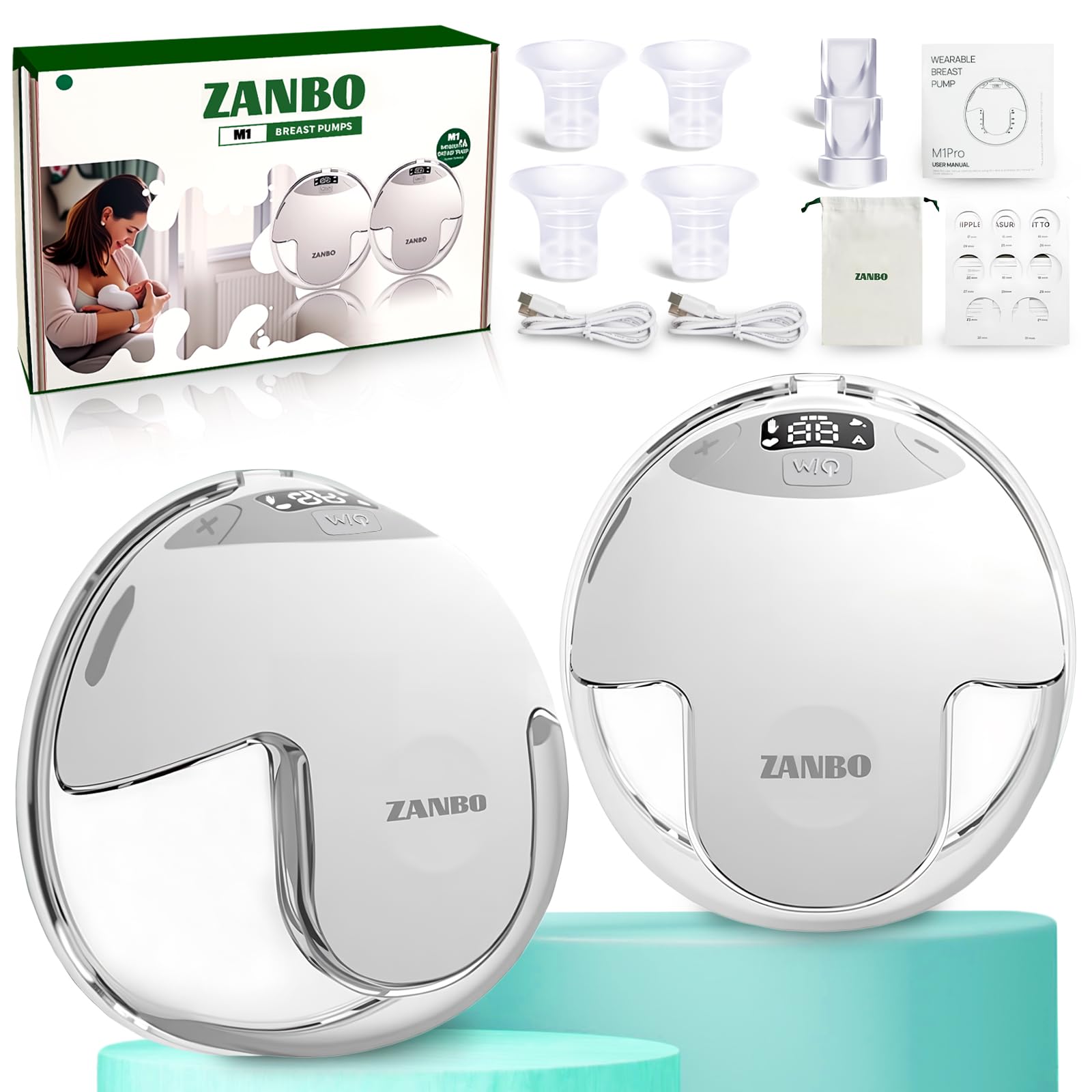 ZANBO M1 wearable breast pump for portable, hands-free pumping on the go.