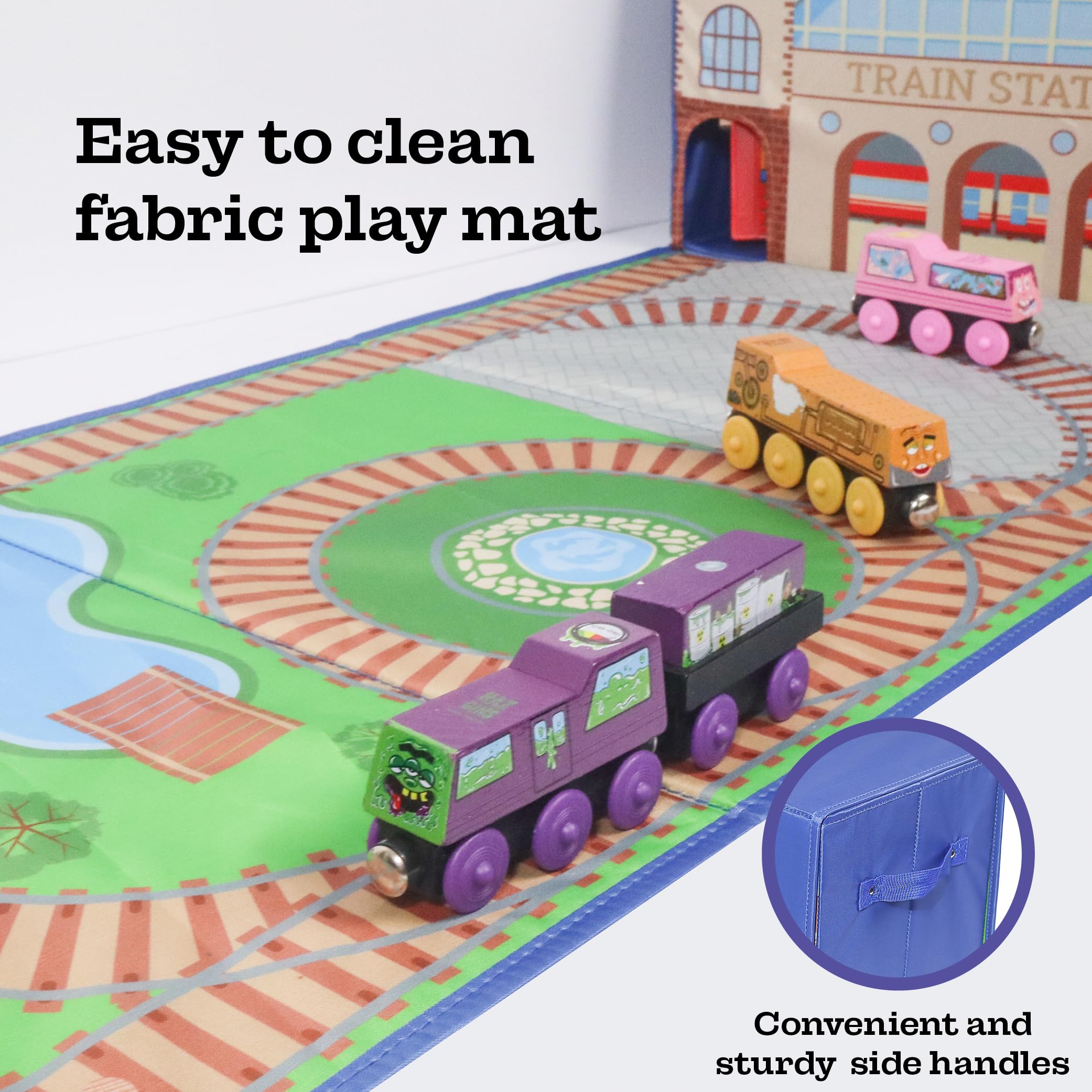 Zany Trains play mat design features tunnels for imaginative train adventures