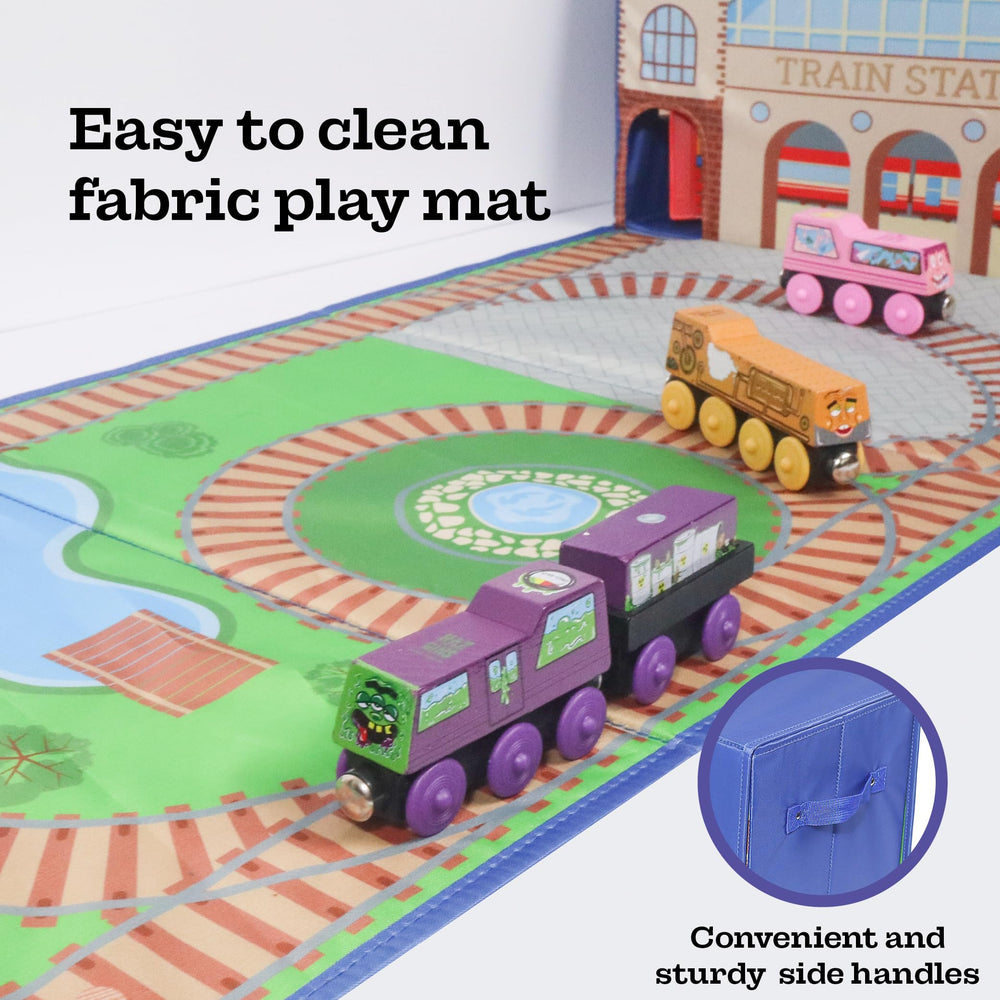 Zany Trains play mat design features tunnels for imaginative train adventures