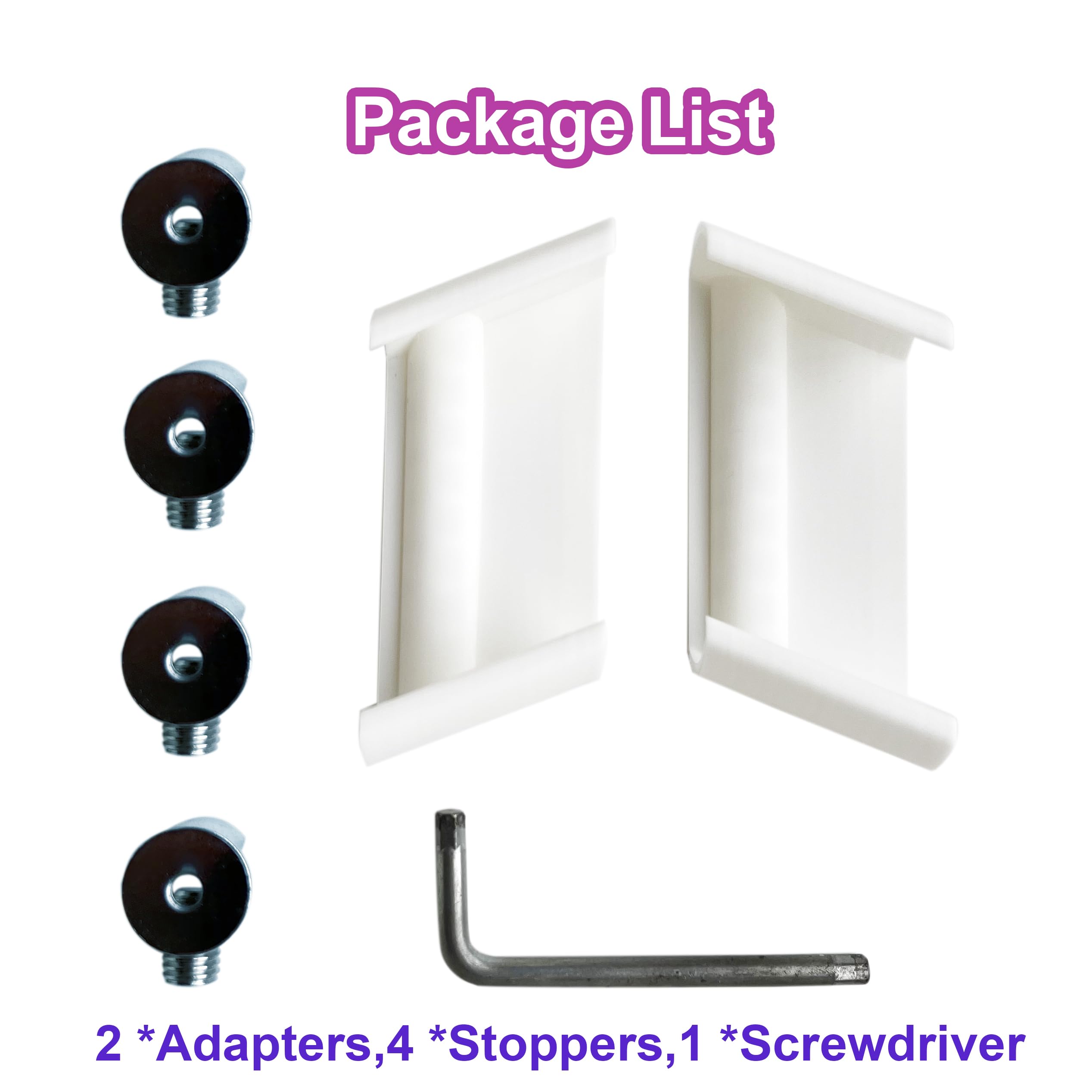 Packaging contents: adapters, stoppers, and screwdriver for setup.