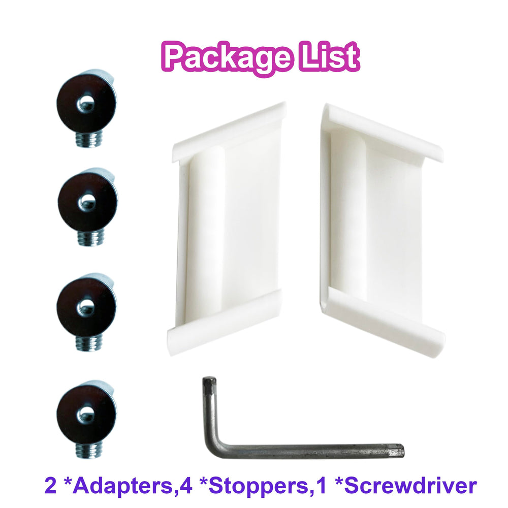 Packaging contents: adapters, stoppers, and screwdriver for setup.