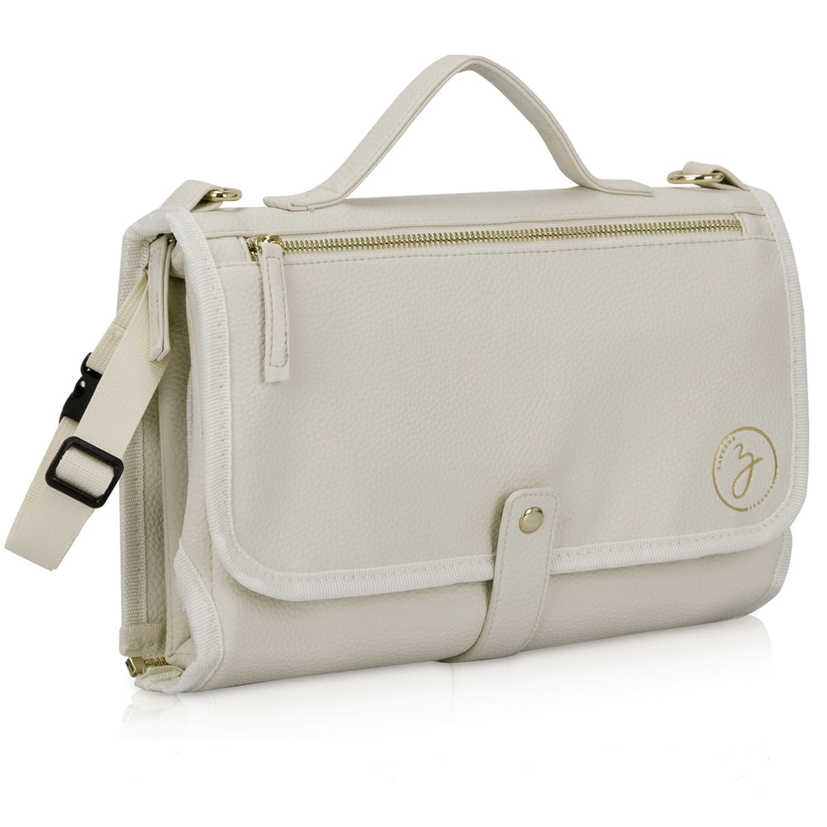 Zaveena portable diaper changing pad in cream exterior for stylish on-the-go changes.