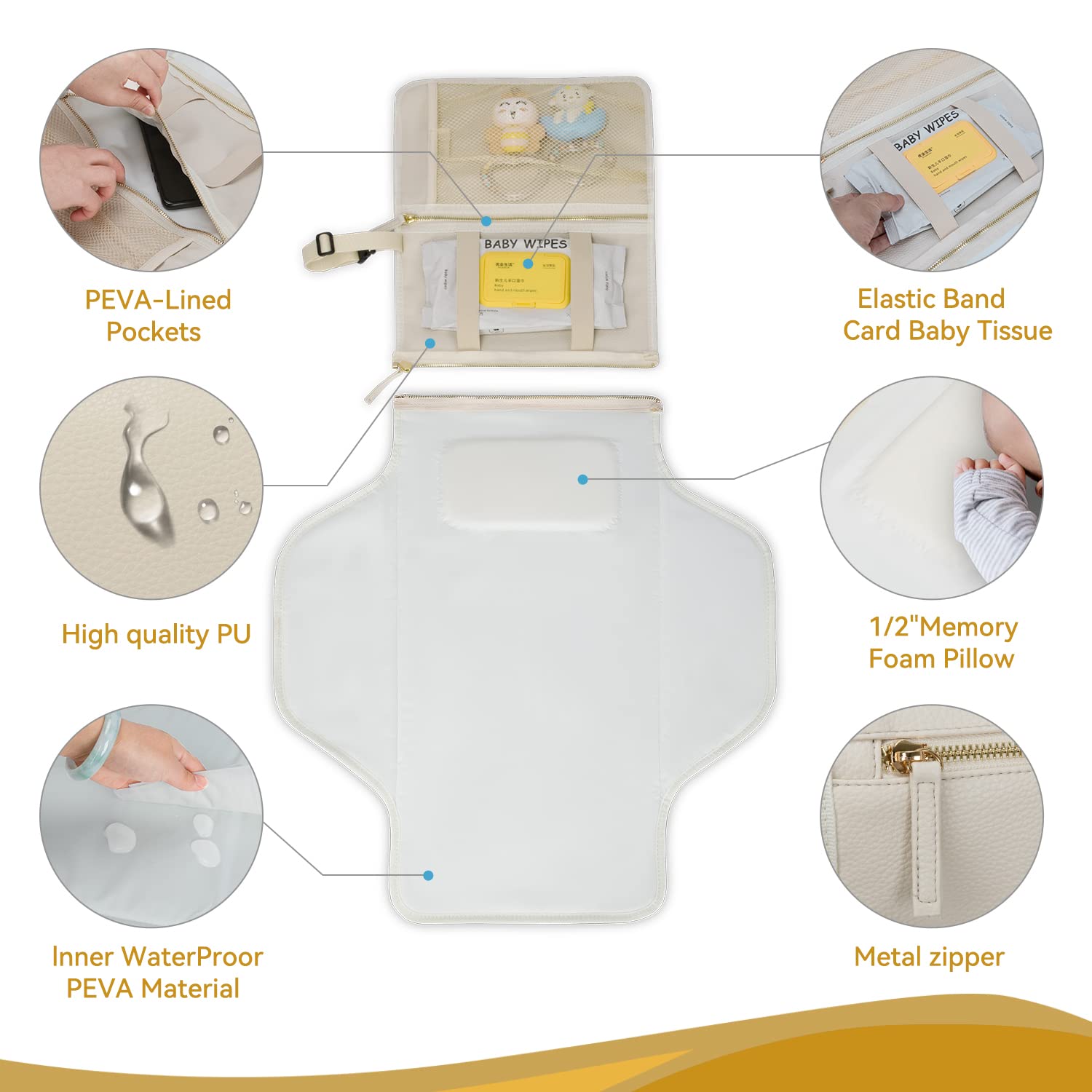 Zaveena interior pockets keep wipes and diapers organized.