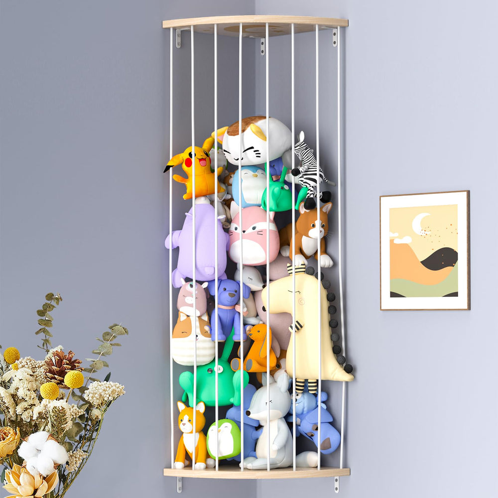 Zayysoha stuffed animal storage organizer on a wooden corner hammock keeps plush toys organized.