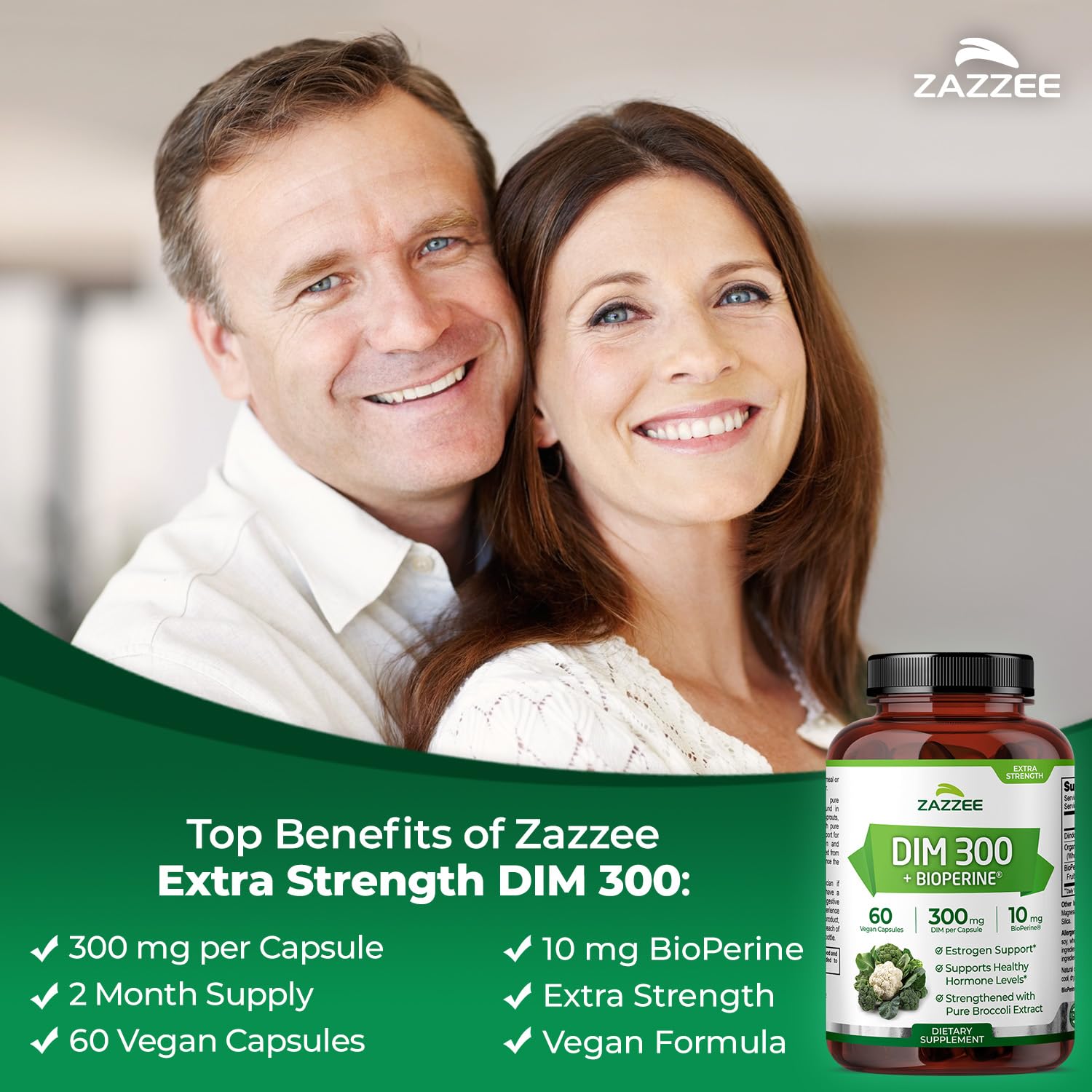 Zazzee DIM 300mg with BioPerine label emphasizes absorption boost.