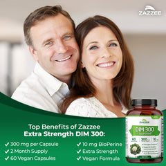 Zazzee DIM 300mg with BioPerine label emphasizes absorption boost.
