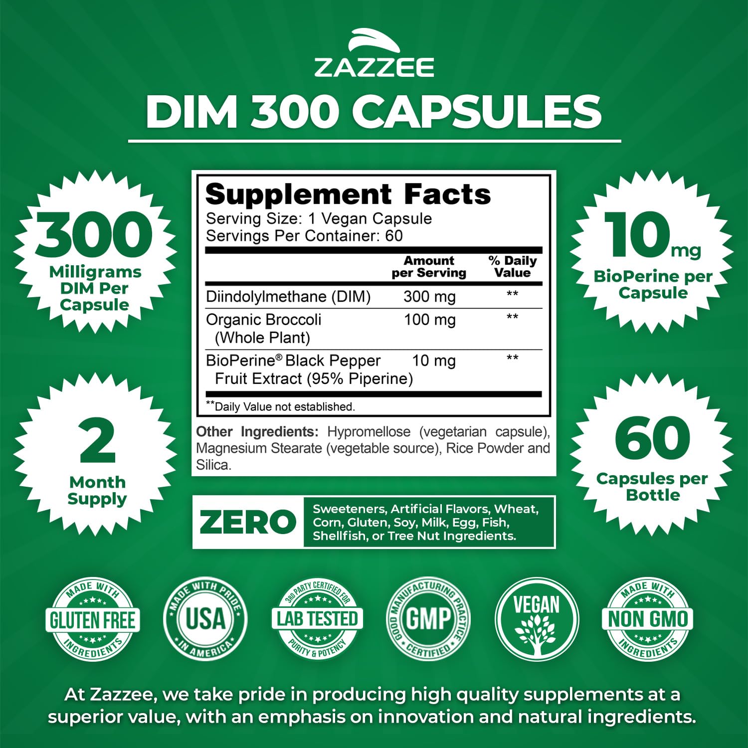 Close-up of Zazzee DIM 300mg capsules highlighting high strength DIM with BioPerine.