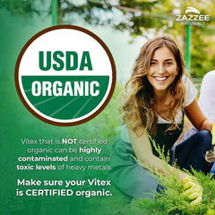 Zazzee Vitex capsules closeup emphasizing vegan 500 mg potency.