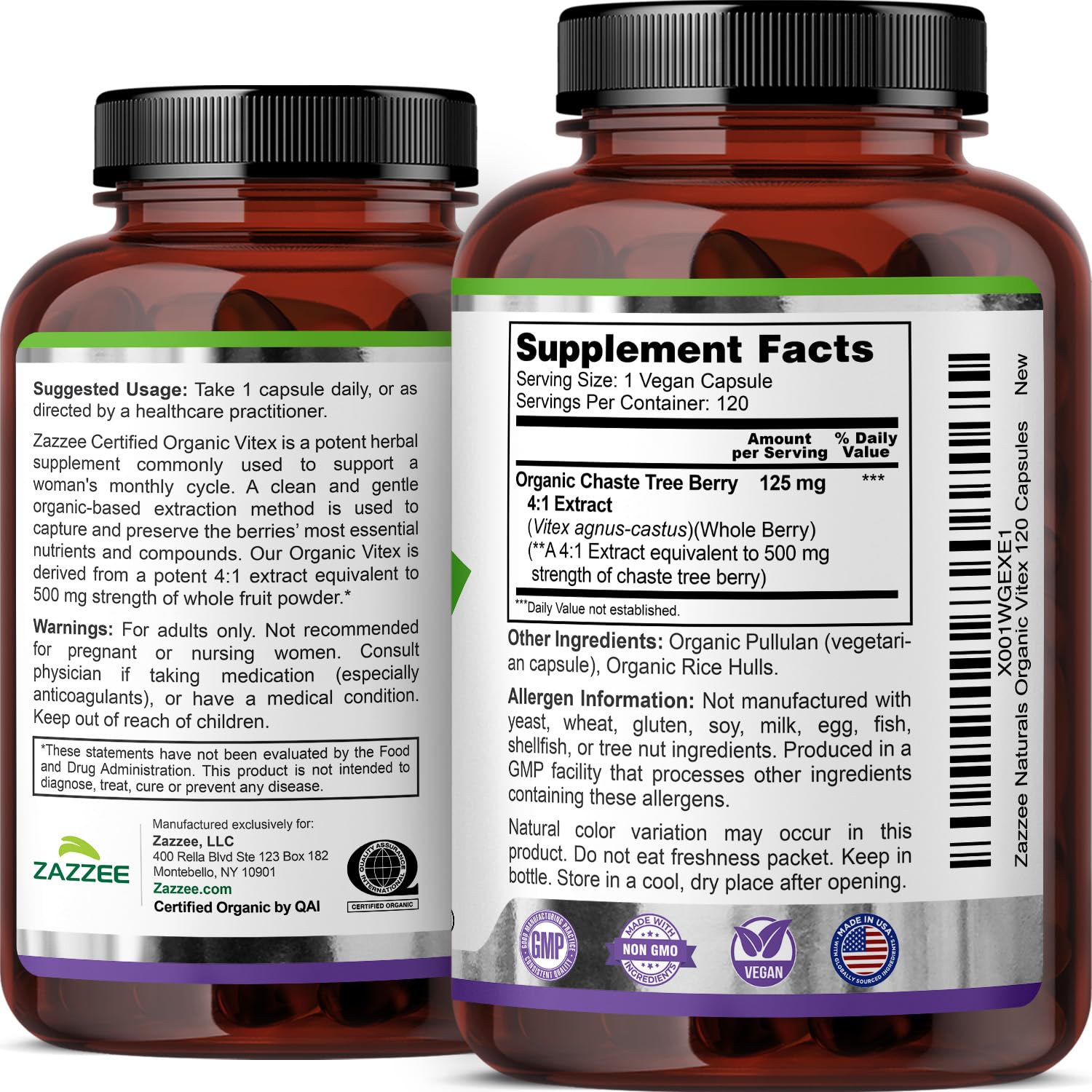 Zazzee Vitex front shows kosher and non GMO claim.