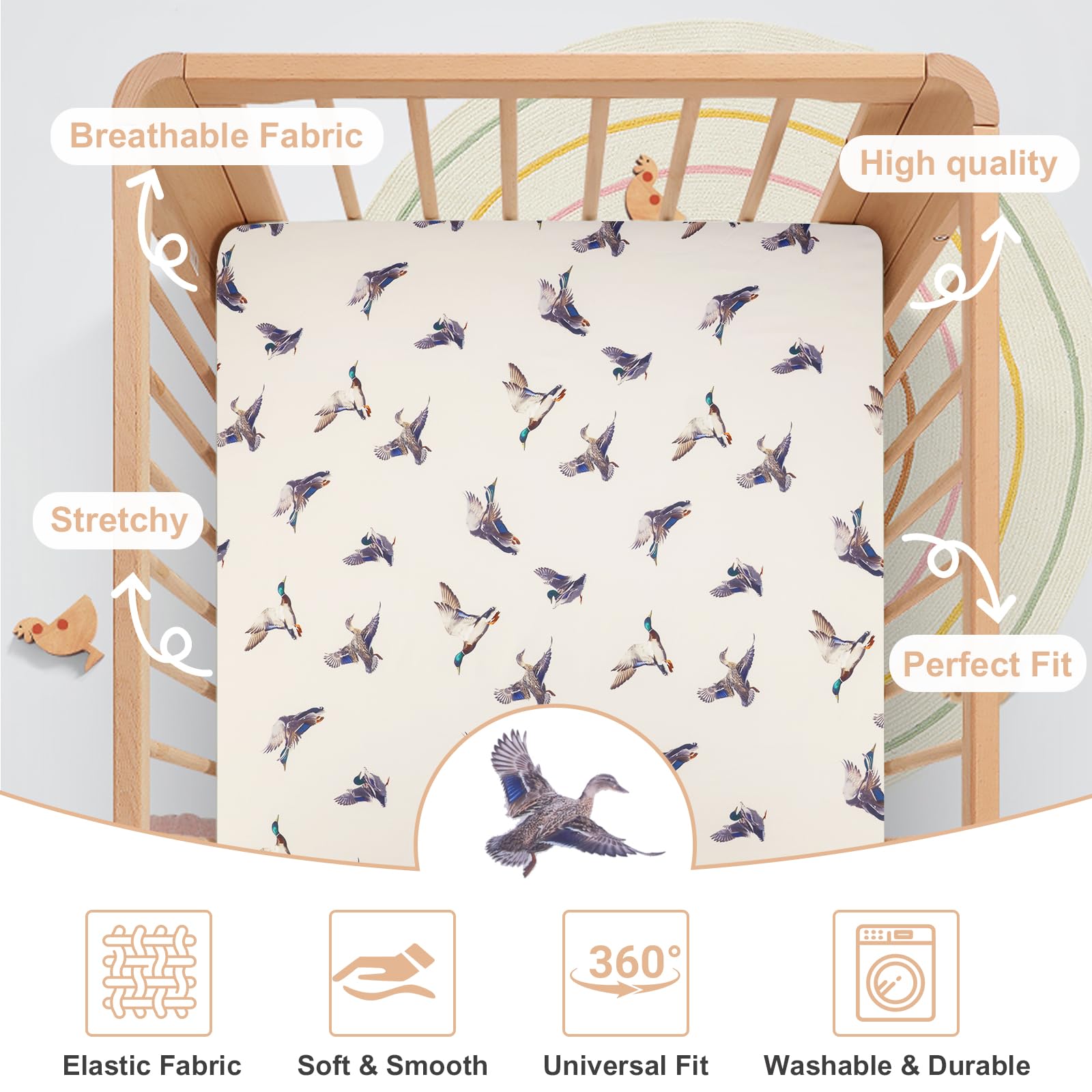 Zcargel Mallard Duck fitted sheet on a standard crib mattress