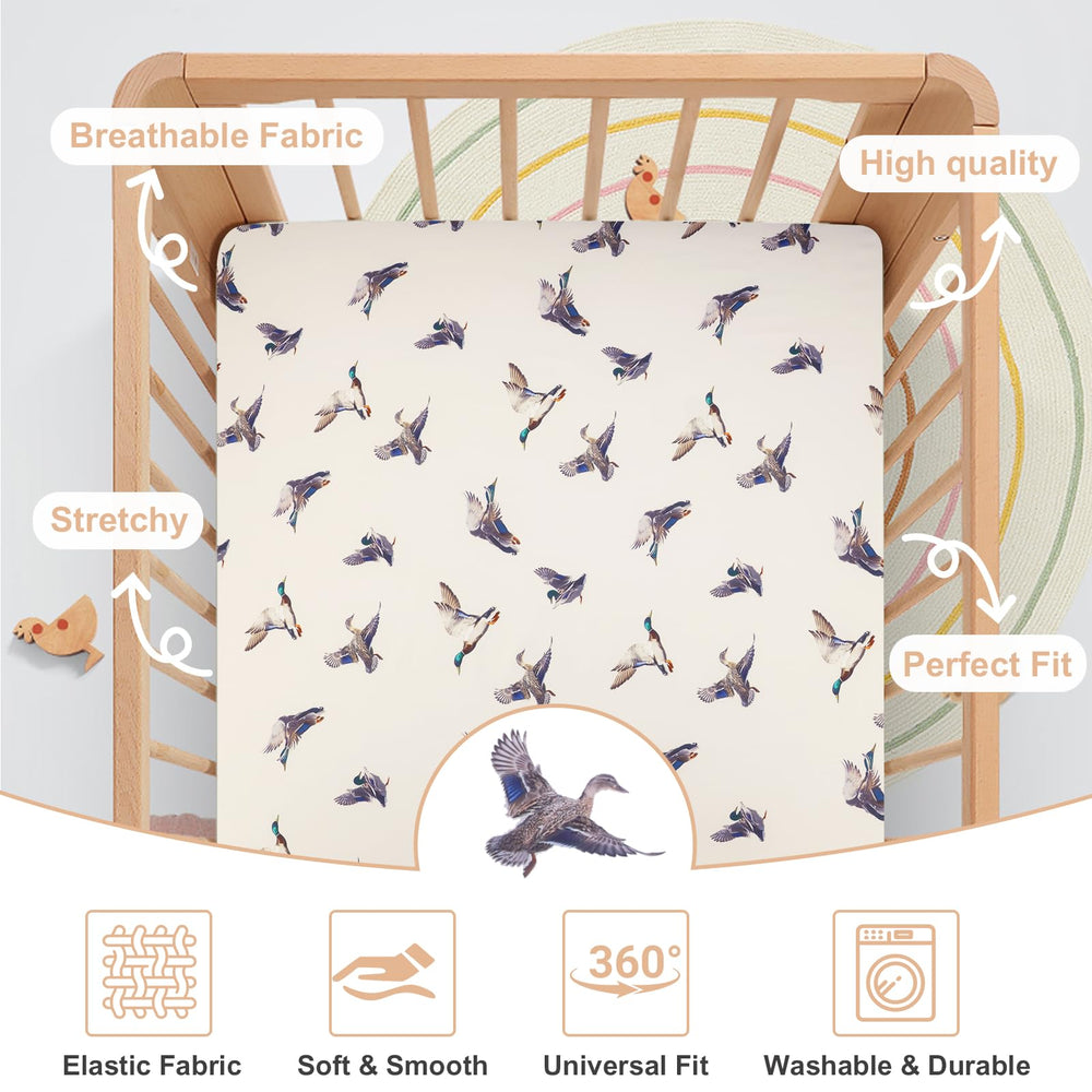 Zcargel Mallard Duck fitted sheet on a standard crib mattress