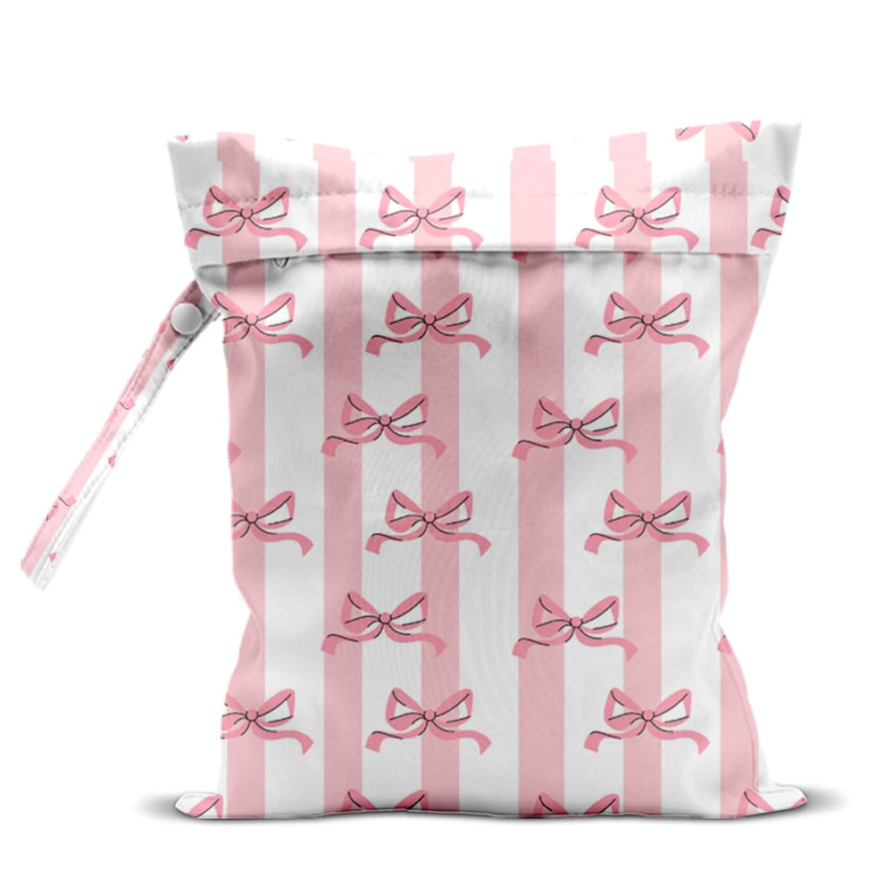 zcyxuuw wet bag front view in pink bow stripes, ideal for beach gear.