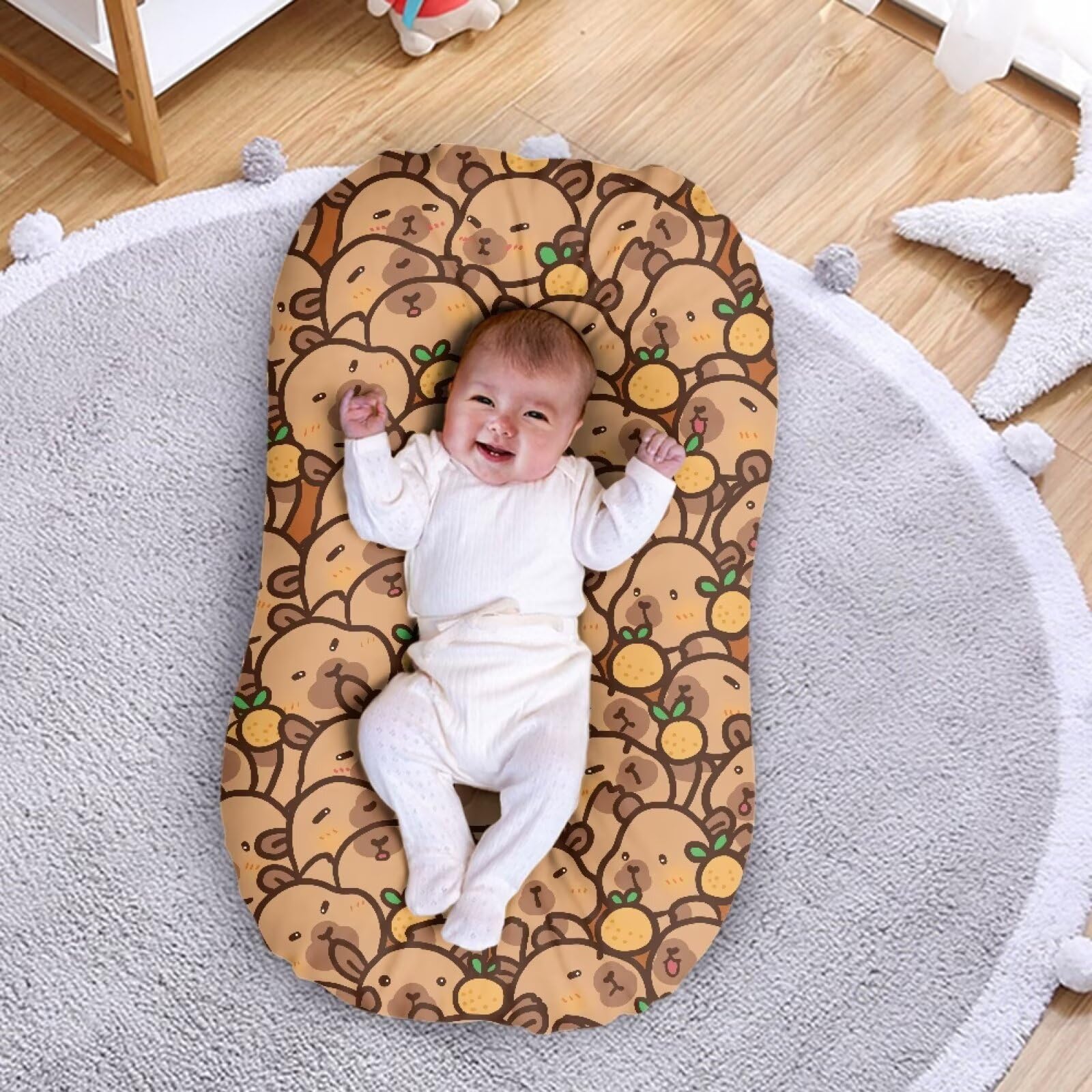 ZDCUSTOM capybara-patterned sheets brighten the nursery and engage baby's attention.