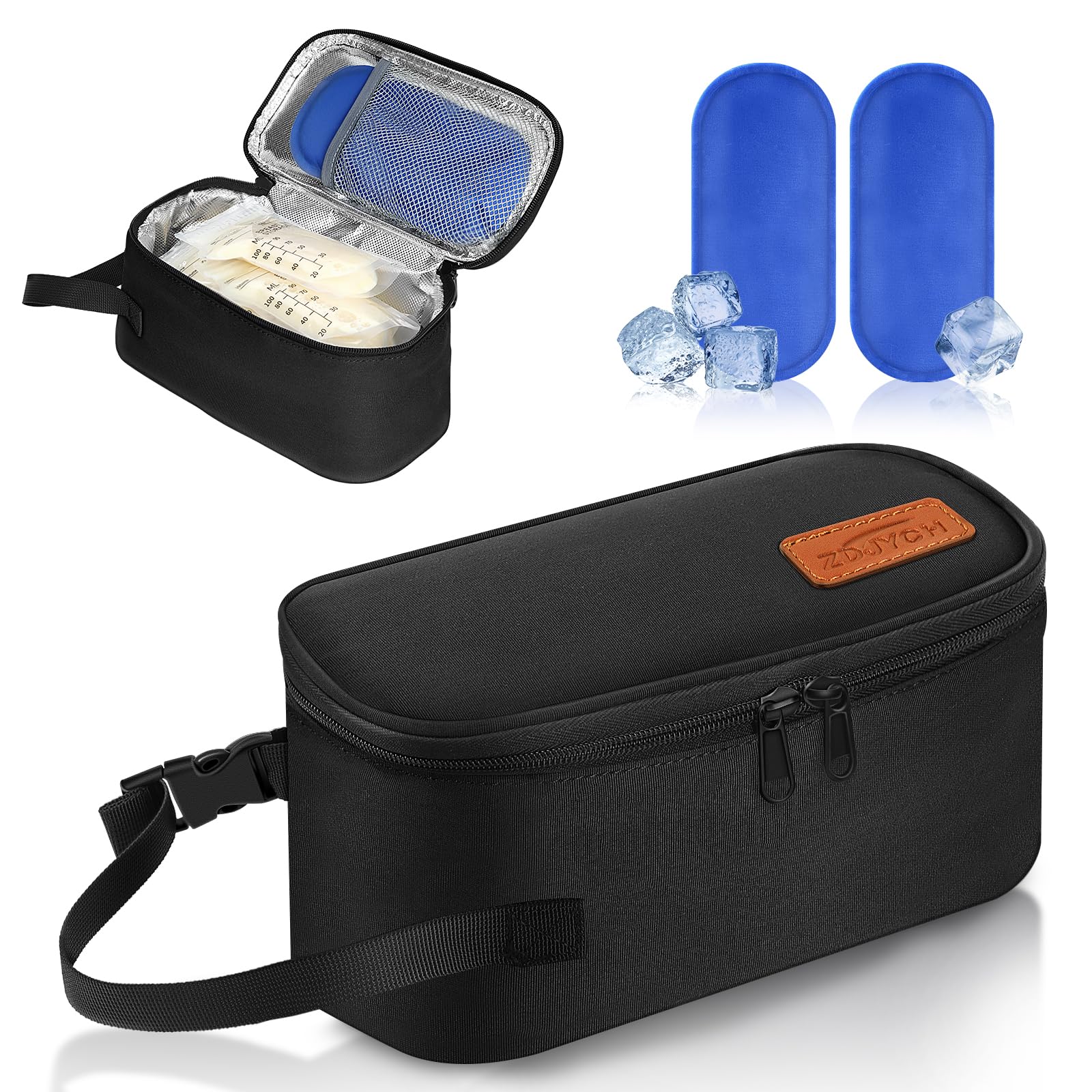 ZDJYCH breastmilk cooler bag interior showing spacious area for multiple frozen milk bags.