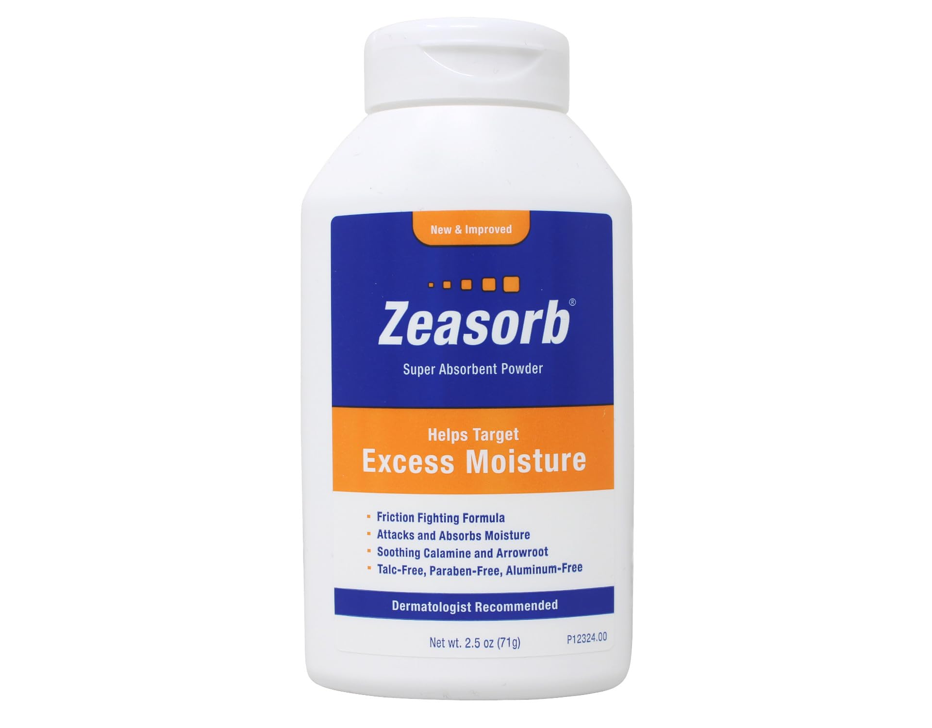 Zeasorb powder dispensing close-up for quick dryness and comfort.