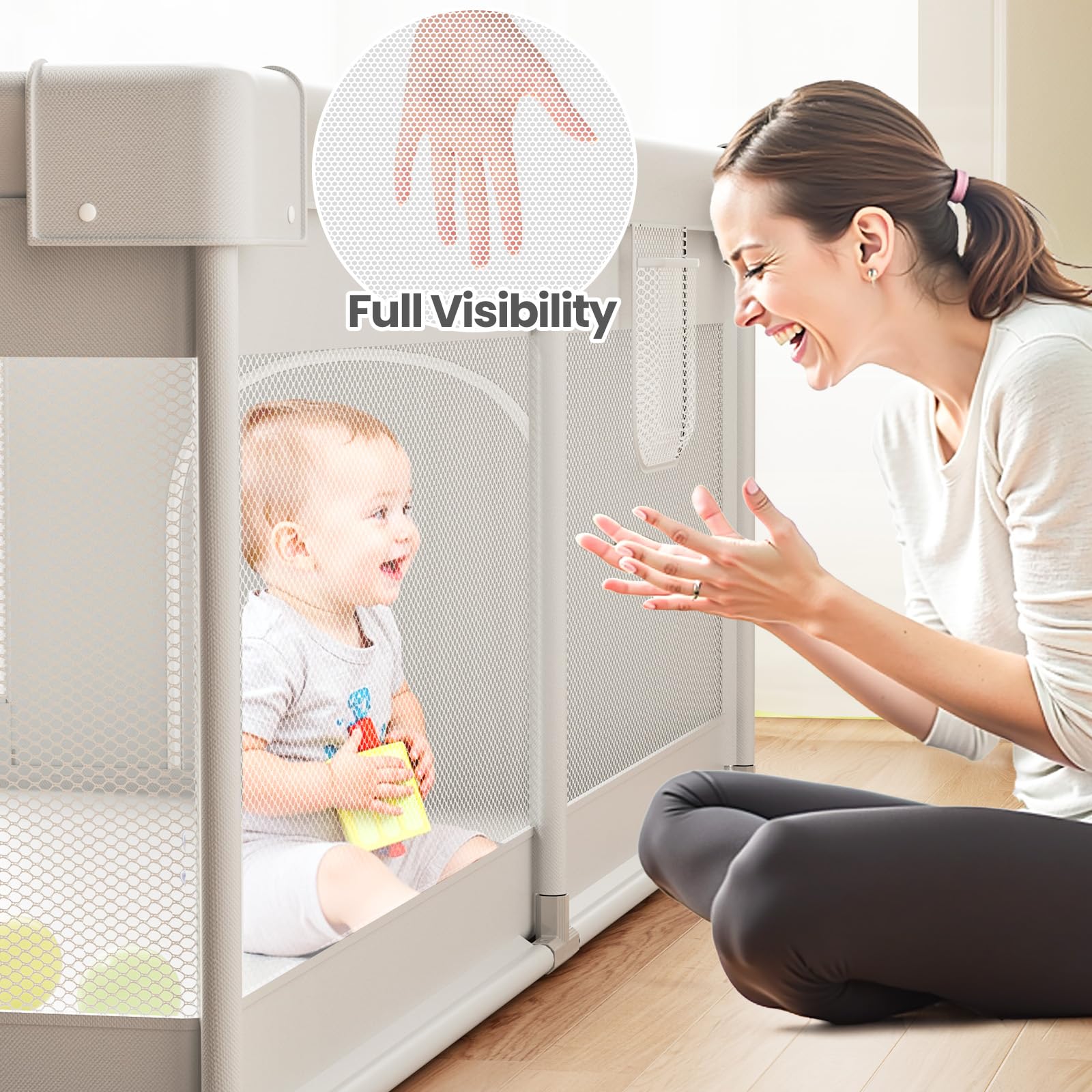 ZEEBABA Extra Large Playpen gray door access keeps baby secure while you help.