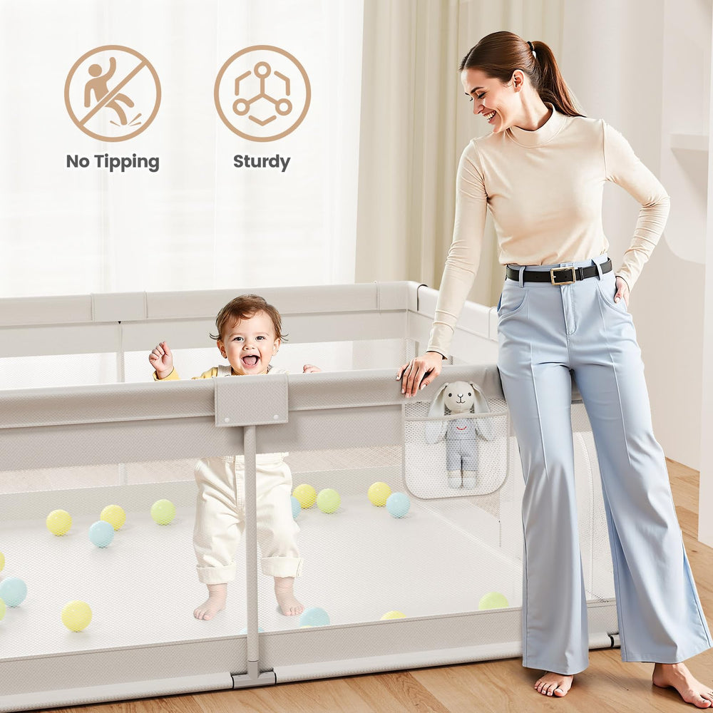 ZEEBABA Extra Large Playpen gray floor emphasizes full visibility during playtime.
