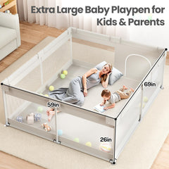 ZEEBABA Extra Large Playpen gray mesh provides breathable visibility for parents.