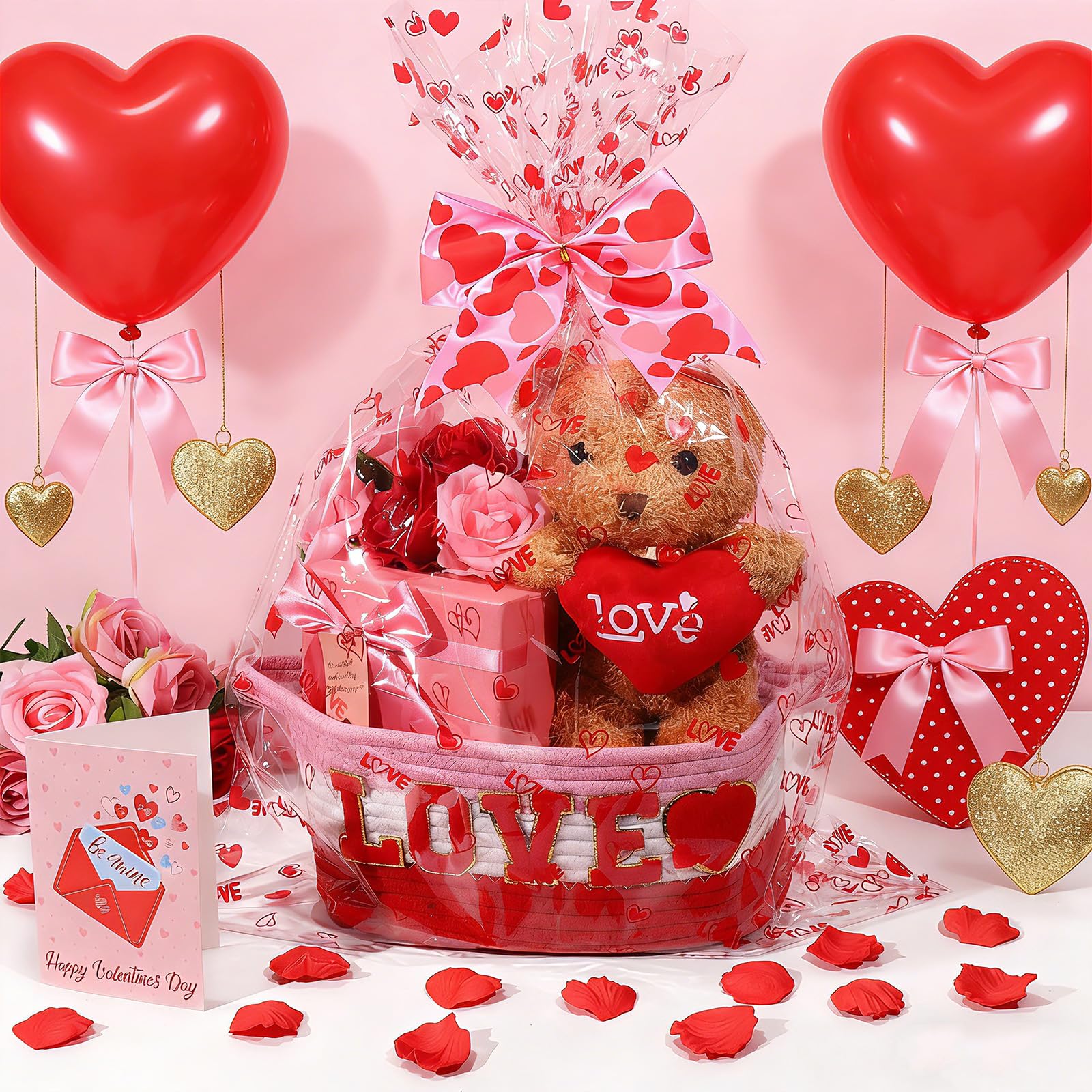 Zenoble Valentines basket opening to reveal a greeting card for sentiment