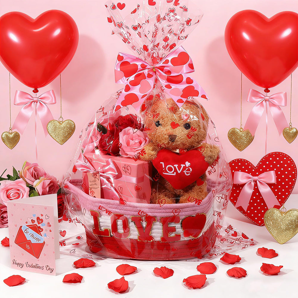Zenoble Valentines basket opening to reveal a greeting card for sentiment