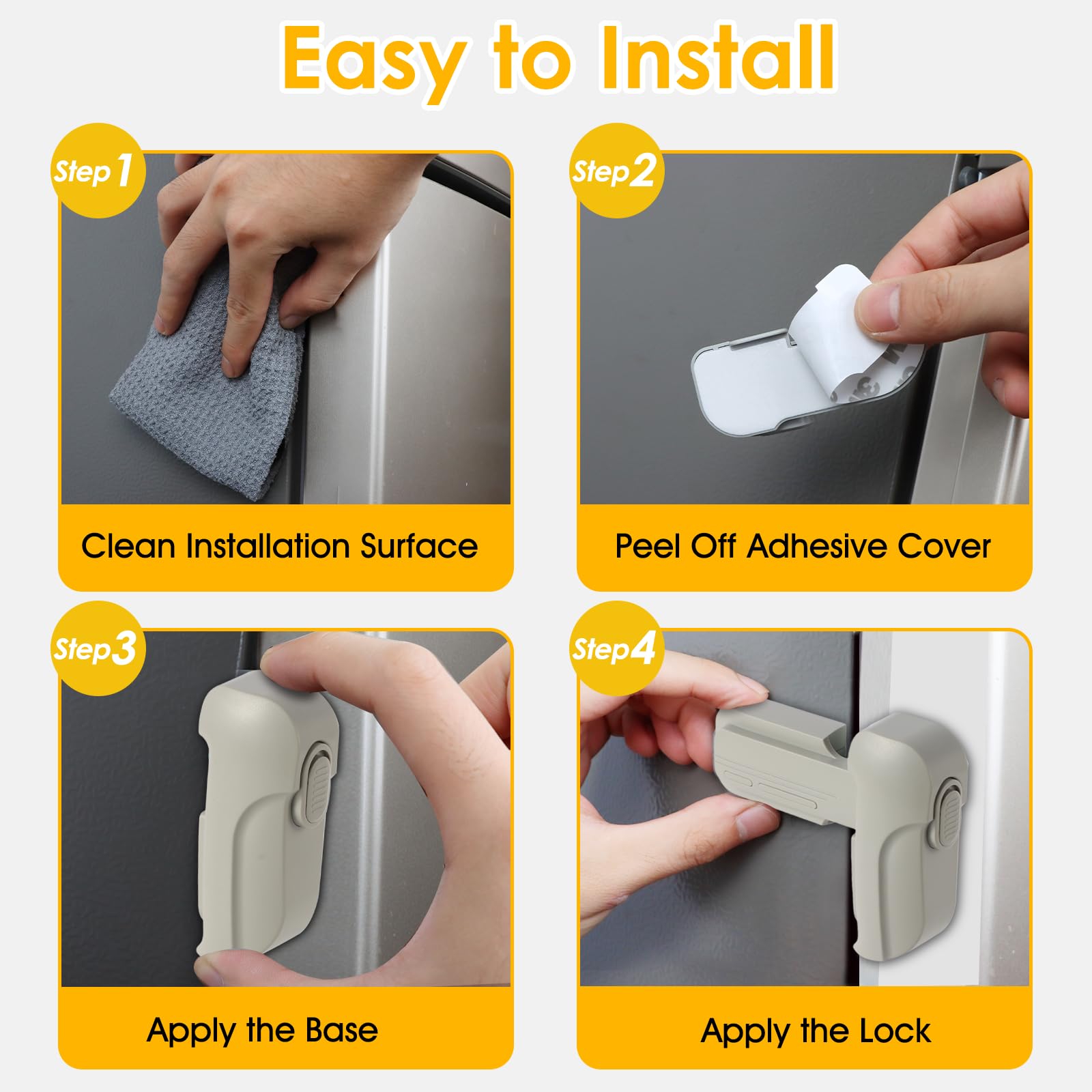 ZENTIVOR Fridge Lock works on stainless steel and plastic surfaces.