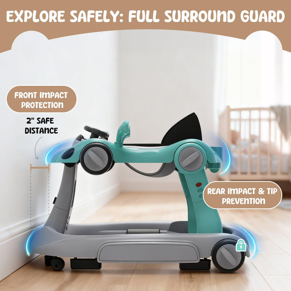 Zenvory 6-in-1 Foldable Baby Walker height-adjustment demonstrates ergonomic support for growing infants.