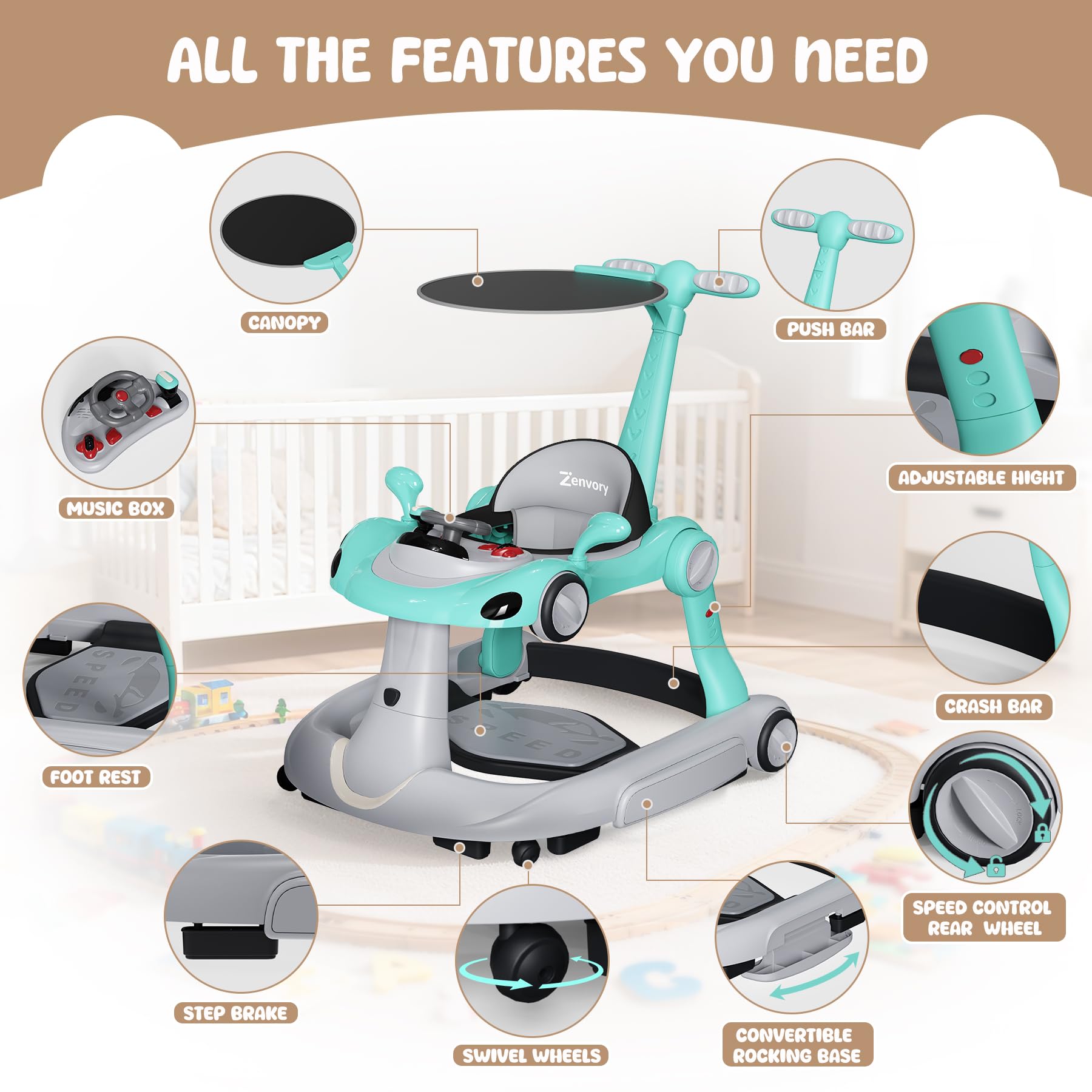 Zenvory 6-in-1 Foldable Baby Walker side view emphasizes adjustable height for growing babies.