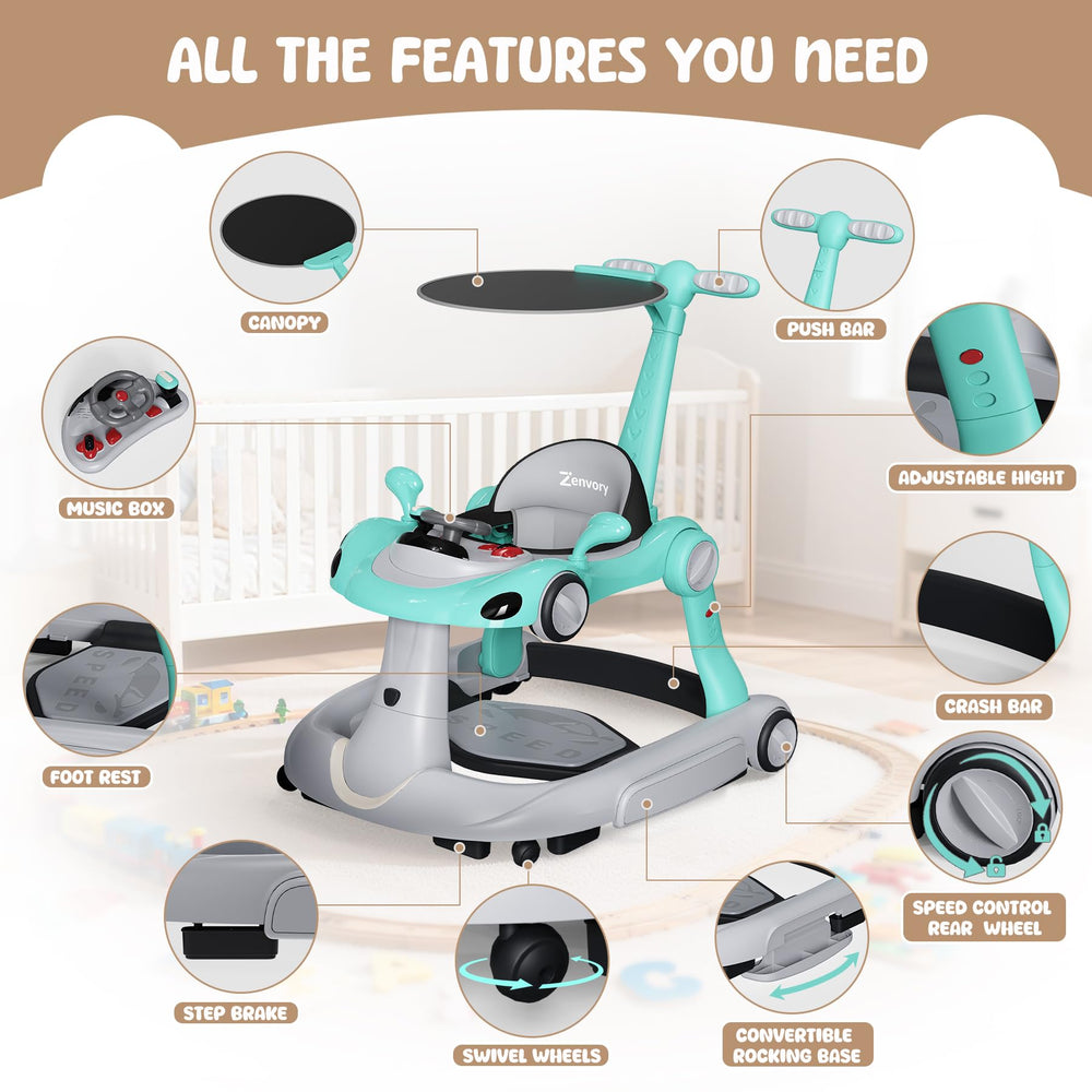 Zenvory 6-in-1 Foldable Baby Walker side view emphasizes adjustable height for growing babies.