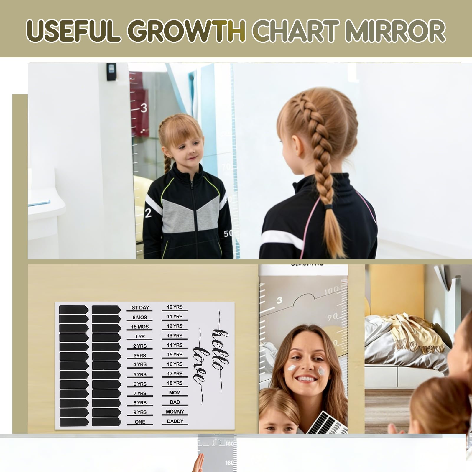ZESTEFY seven-mirror panels with precise height marks from 25 cm to 185 cm