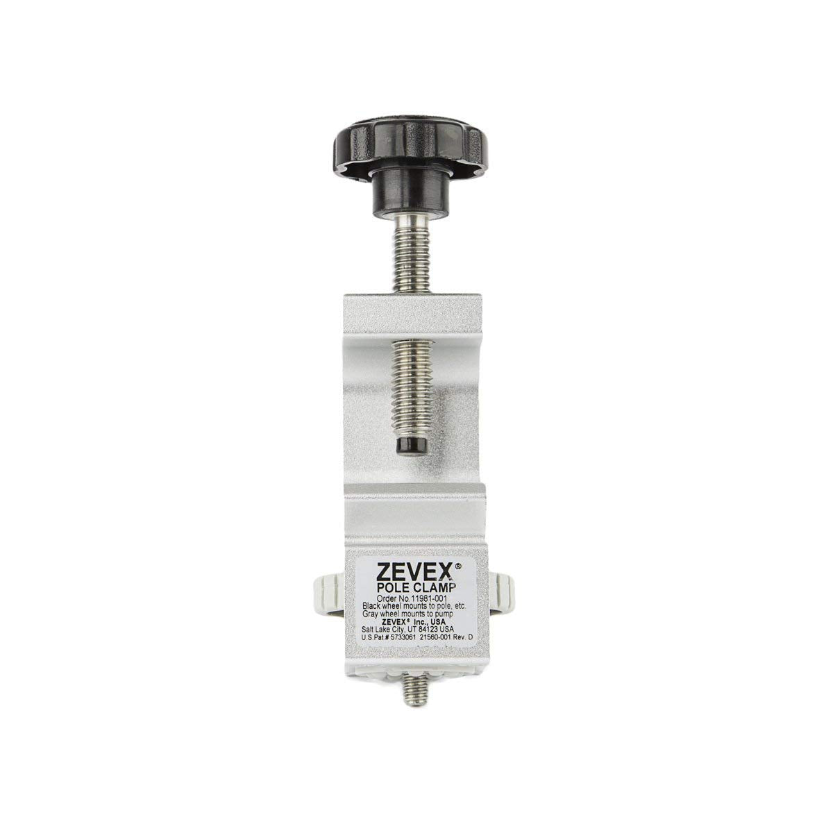 Zevex Infinity Pole Clamp product image showing versatile mounting on a bed rail.