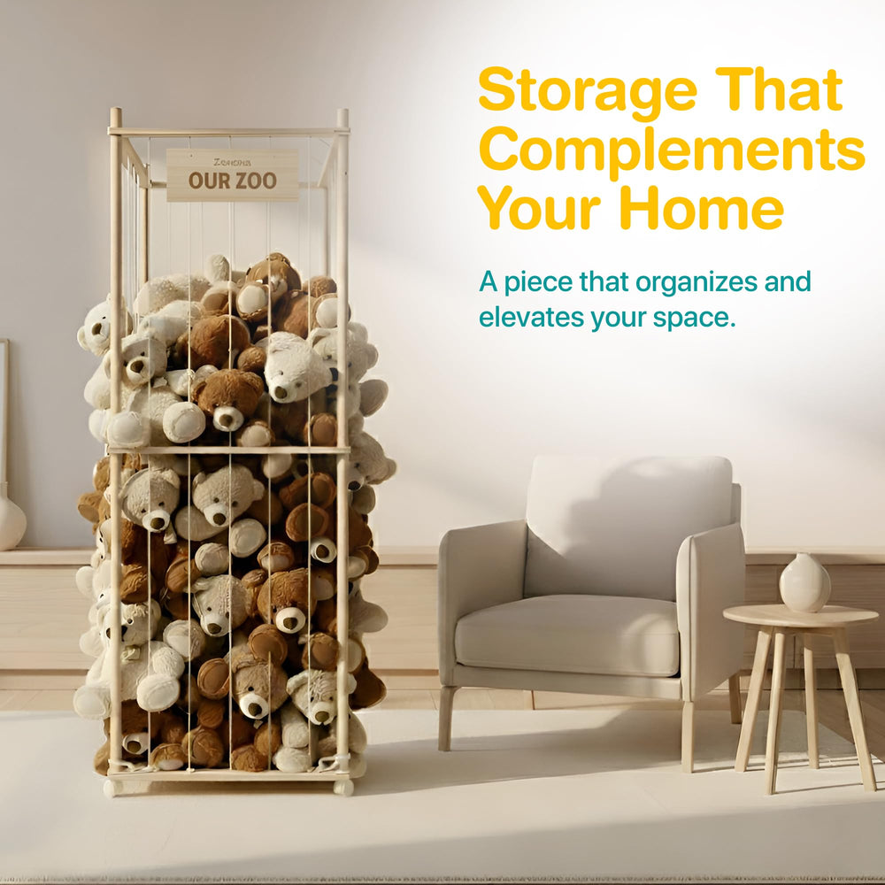 Zevona Plush Zoo Tower in nursery enhances tidy display and easy access.