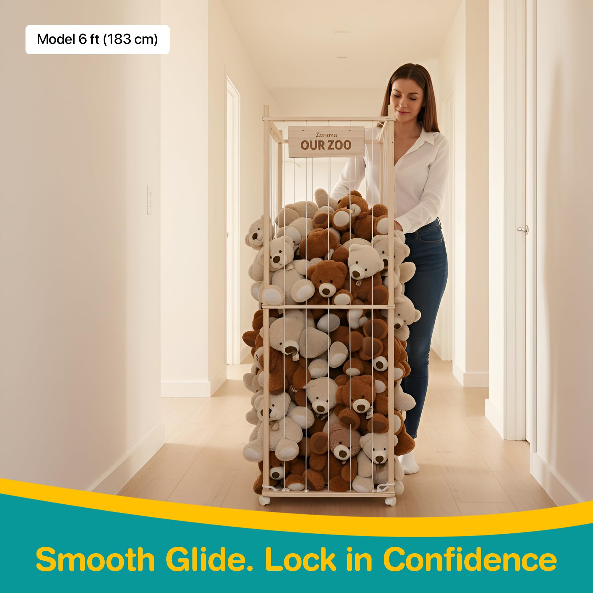 Zevona Plush Zoo Tower wheels with locking mechanism enable easy relocation.