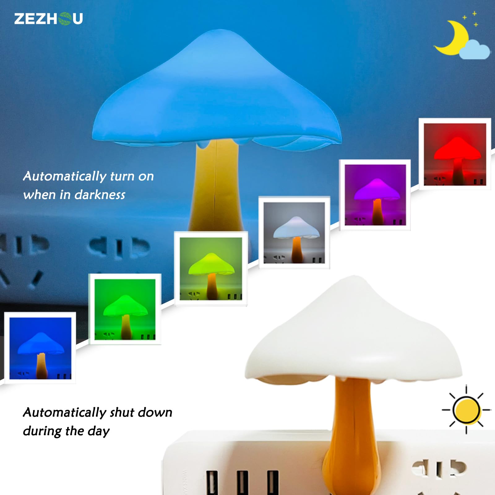 ZEZHOU mushroom light with dusk-to-dawn sensor for hands-free night illumination.
